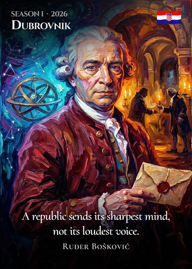 Story Card front: a painted portrait of Ruđer Bošković