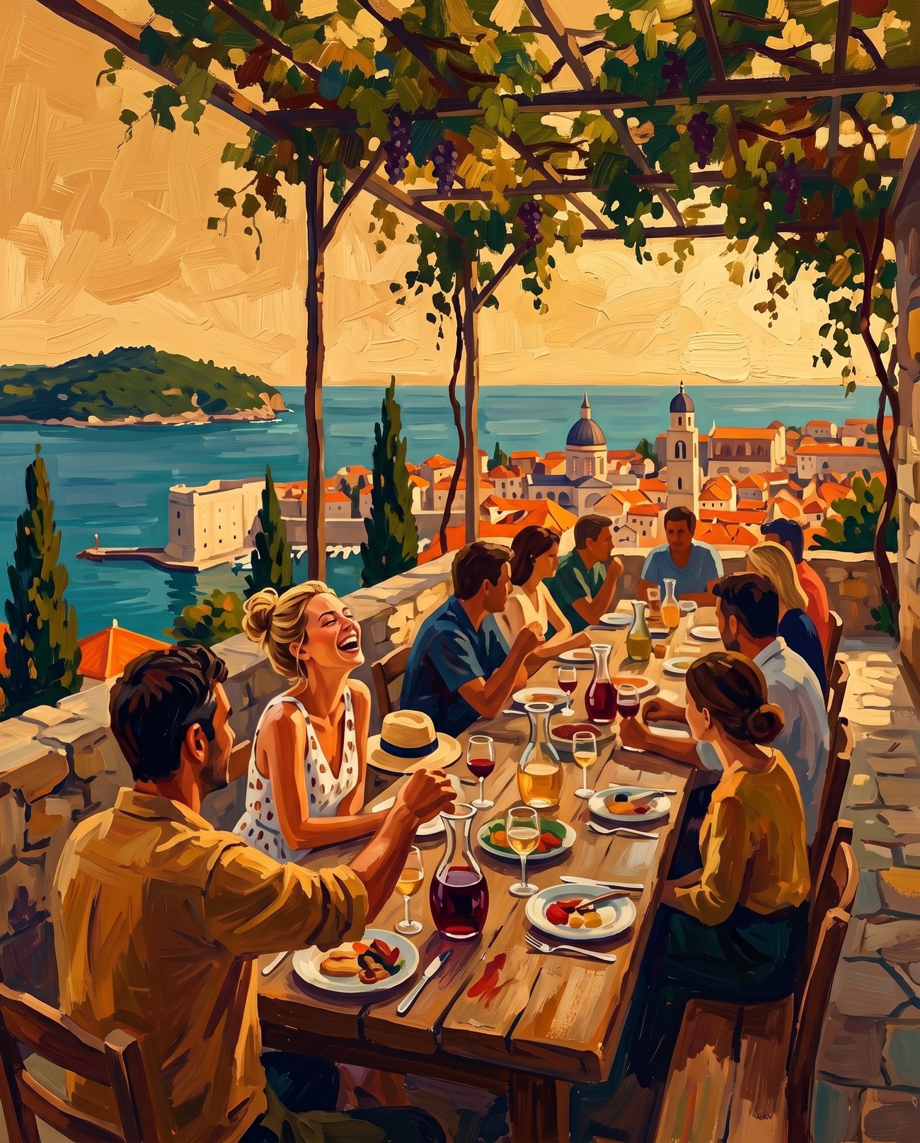 Locals and travellers sharing a long table on a terrace above Dubrovnik, the old town and the sea beyond